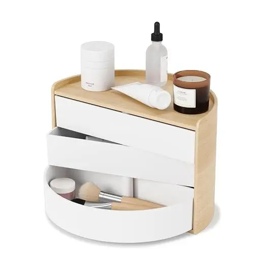 Produktbild: Umbra Moona Schmuckaufbewahrung, Makeup Organizer und Accessoire Organizer mit drehbaren Schubfächern, 3-lagig, Weiss / Natur