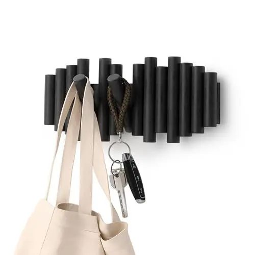 Produktbild: Umbra Picket Garderobenhaken - Garderobenleiste und Moderne Wand Dekoration mit 5 Klapphaken aus geschliffenem Kiefernholz, Schwarz