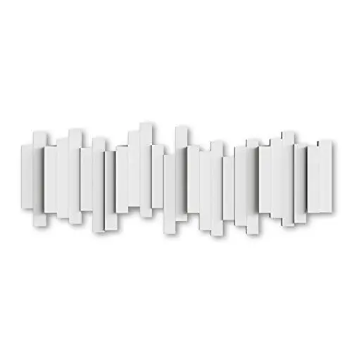 Produktbild: Umbra Stäbchen Garderobenhaken – Moderne und Platzsparende Garderobenleiste mit 5 Beweglichen Haken für Jacken, Mäntel, Schals, Handtaschen und Mehr, Weiss, 49 cm, Weiß