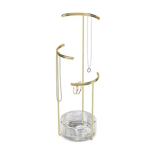 Produktbild: Umbra Tesora Schmuckbaum – Hoher Schmuckständer für Ketten mit integrierter Glas Schmuckablage für Ringe, Ohrringe, Armbänder, Uhren und Accessoires, 3-stufig, Messing/Glas, Gold