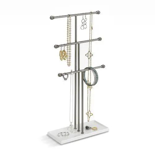Produktbild: Umbra Trigem Schmuckbaum - Extra Hoher Schmuckständer für Ketten mit integrierter Schmuckablage für Ringe, Ohrringe, Armbänder, Uhren und Accessoires, Metall, Weiss/Nickel, 3 Arme