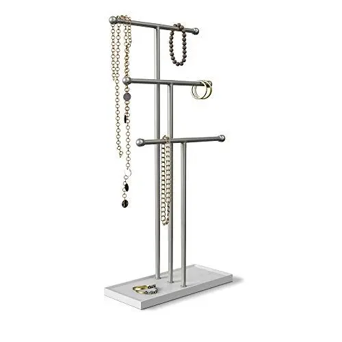 Produktbild: Umbra Trigem Schmuckbaum – Extra Hoher Schmuckständer für Ketten mit integrierter Schmuckablage für Ringe, Ohrringe, Armbänder, Uhren und Accessoires, 3-stufig, Weiss/Nickel