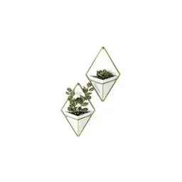 Produktbild: Umbra Trigg Wandvase & Geometrische Deko - Übertopf Für Zimmerpflanzen, Sukkulenten, Luftpflanzen, Kakteen, Kunstpflanzen und Mehr, Weiss/Messing, 2er-Set, Klein