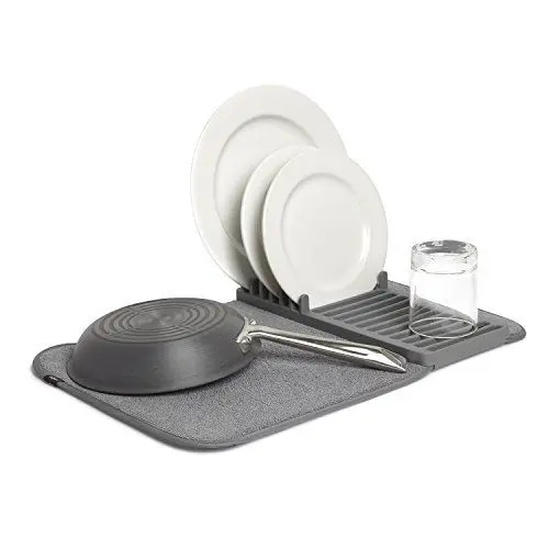 Produktbild: Umbra Udry Mini Geschirr Abtropfgestell und Mikrofaser Abtropfmatte – Faltbar, Platzsparend und Leicht Verstaubar, 50 x 33 cm, Dunkelgrau, Anthrazit