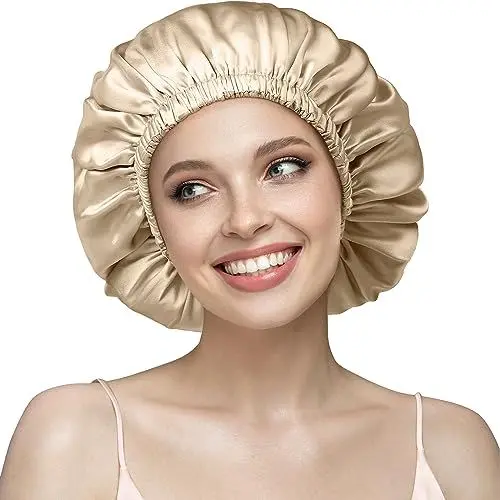 Produktbild: Umisleep Doppellagige 22 Momme 100% Maulbeerseide Schlafmütze für lockiges Haar, Atmungsaktive, Verstellbare Seidennachtmütze mit Gummiband – Schützt vor Frizz und Haarschäden (Farbe Champagner)