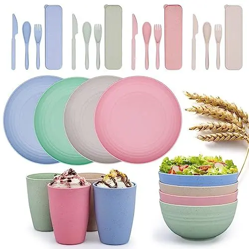 Produktbild: Umllpet 28-teiliges Camping Geschirr Set, Wohnmobil Reise Camper Party Kinder Geschirrset Bunt Picknick Geschenk, Outdoor Zubehör für 4 Personen Leicht, Kunststoffteller, Tassen, Schalen, Besteck Set