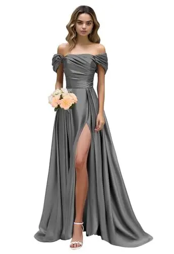 Produktbild: UMLXYER Schulterfreie Abschlussballkleider für Damen Satin Lange Brautjungfernkleider 2024 Abendkleider mit Schlitz Grey L