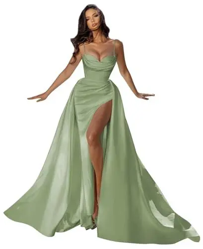 Produktbild: UMLXYER Spaghettiträger Satin Ballkleider für Frauen Schatz Meerjungfrau Langes Ballkleid Formelle Abendkleider Party Kleider mit Schlitz Sage Green 4XL