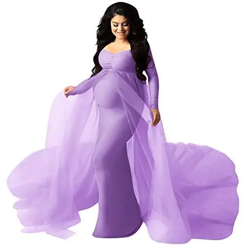 Produktbild: Umstandskleid Fotoshooting Babybauch Shooting Outfit Schwangerschaftskleider Schwanger Kleidung Festlich Hochzeit Stillkleid Damen Lang Umstandsbrautkleid Ballkleid Umstandsmode Hellviolett XL