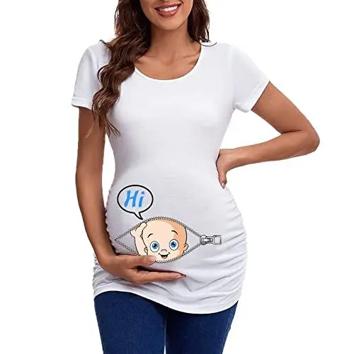 Produktbild: Umstandsmode Top Schwangere T-Shirts Kurzarm T-Shirt Lässige Schwangerschaftskleidung Lustiger Fußabdruck Schwanger Bikini Schwangerschaft Damen (White, S)