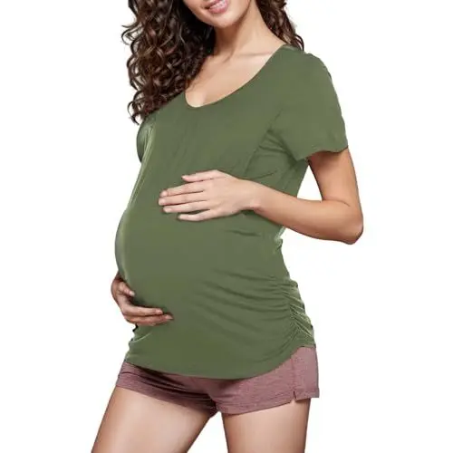 Produktbild: Umstands-Tanktop für Damen, lässig, kurzärmlig, seitlich gerafft, mit Rundhalsausschnitt, Basic-Stillweste zum Stillen Damen Elegante Blusen (JN, M)