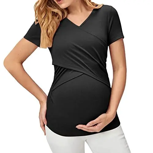 Produktbild: Umstands-T-Shirt für Damen, lässig, kurzärmlig, mit V-Ausschnitt, Basic-T-Shirt, Top zum Stillen Bügelfreie Blusen Blau (Black, S)