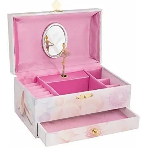 Produktbild: goki 15555 Musikspieldose Ballerina, Schmuckschatulle mit Spiegel, Spieluhr Melodie 'Schwanensee', Maße 19 × 11,3 × 9,7 cm, Rosa