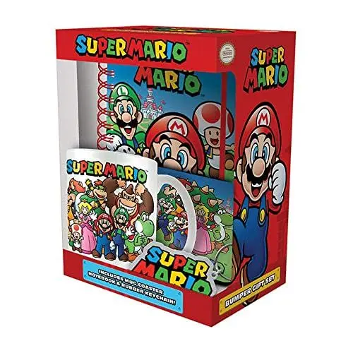 Produktbild: Super Mario Bumper Geschenkset, 325ml Keramik Kaffeetasse, Notizbuch, Untersetzer & Schlüsselanhänger in Geschenkbox, Mario Geschenke für Jungen und Mädchen - Offizielles Lizenzprodukt
