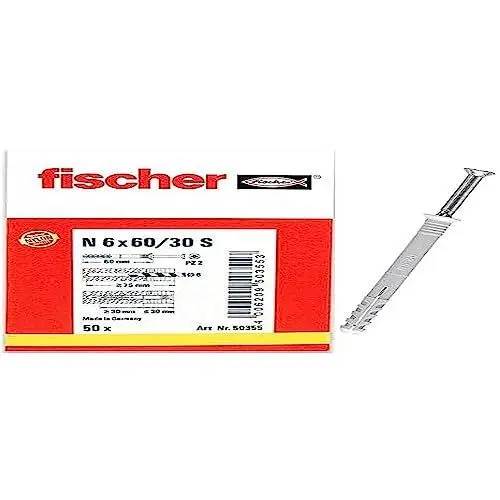 Produktbild: fischer Nageldübel 6 x 60/30 S, hochwertige Nylondübel mit verzinkter Senkkopfschraube (50 Stk.), Dübel für optimalen Halt bei Befestigungen in Beton, Mauerziegel & Naturstein