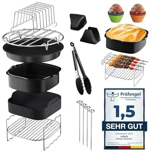 Produktbild: UNBOX Heißluftfritteuse Zubehör, 17-teiliges Quadratisches Airfryer Zubehör für Airfryer XXL, COSORI 5,5L, Philips 7,3L, Ninja 4,7L, Cecotec 5,5L, 6L, Princess - mit Silikonform und E-Rezeptbuch