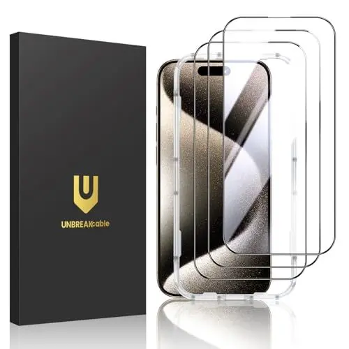 Produktbild: UNBREAKcable 3er-Pack für iPhone 15 Pro für Panzerglas, für Schutzfolie Glas (1:1 Vollabdeckung) (Einfacher Installationsrahmen) (9H-Härtegrad) (99,99% HD) für Apple Schutzglas 15Pro 6,1 Zoll