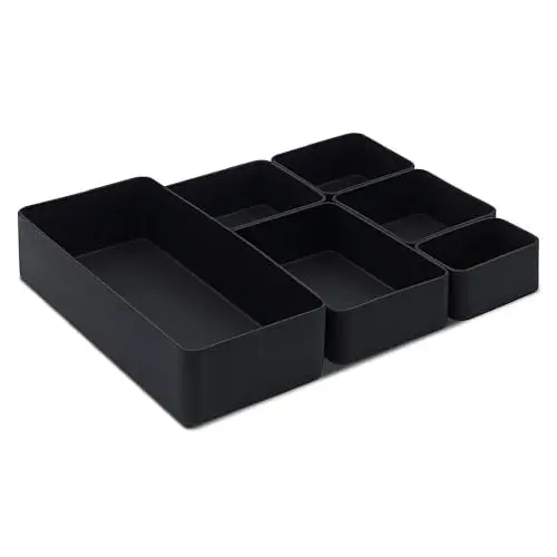 Produktbild: UNCLUTTERED DESIGNS Das Nest Minimalistisch schwarze Bambus Aufbewahrungsboxen, flacher Schubladen Organizer perfekt für Ihren Nachttisch, Büro Schreibtisch, Schmuck, Make-up, Badezimmer