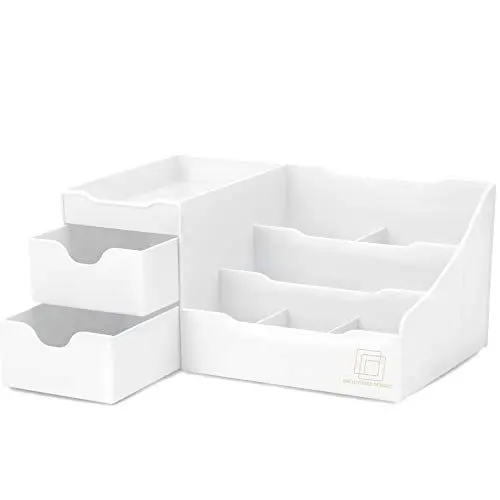 Produktbild: UNCLUTTERED DESIGNS Großer Weißer Schminktisch-Organizer - Kosmetik Aufbewahrung, Schönheit, Haare, Nägel, Parfüm & Hautpflege - Perfekt Bad & Schlafzimmer Schreibtisch Organizer Schubladen