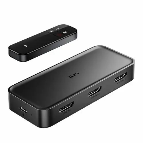 Produktbild: uni HDMI Switch 4K@60Hz, HDMI Splitter 3 In 1 Out, HDR HDMI Verteiler 3D mit Fernbedienung, kompatibel mit Laptop, PS5/4/3, Ruko, Apple TV, Fire Stick, Blu-Ray Player usw.