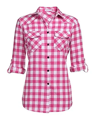 Produktbild: UNibelle Damen Kariert Bluse Langarm Hemd Knopfleiste Trachtenbluse Casual Hemdjacke Oktoberfest Hemden V-Ausschnitt Karohemd HolzfäLlerhemd Trachten Oberteile Rosa-B XL