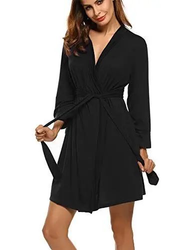 Produktbild: UNibelle Damen Morgenmantel 3/4 Ärmel Bademantel Kimono Baumwolle Saunamantel Robe Negligee Mit V-Ausschnitt, 1-schwarz, S