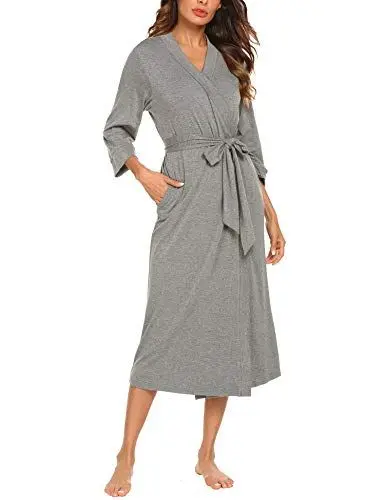 Produktbild: UNibelle Damen Morgenmantel Bademantel Kimono Saunamantel mit Tiefer V-Ausschnitt Nachthemd Baumwolle Tiefes, A-hellgrau - S