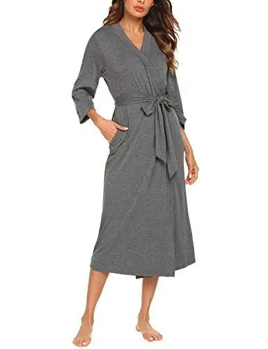 Produktbild: UNibelle Morgenmantel Leicht Damen Kimono Sauna Bademantel Baumwolle Lang Hausmantel Pyjama Nachthemd Mittel Dunkelgrau M