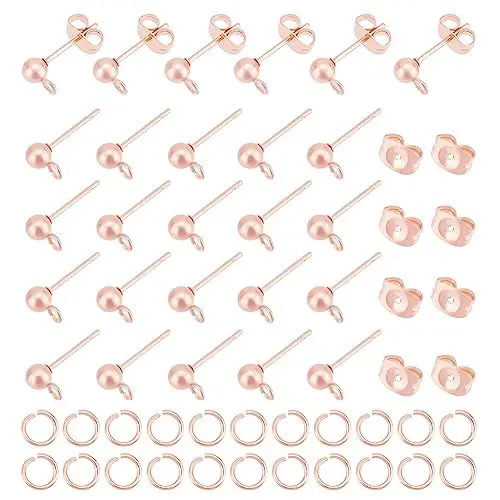 Produktbild: UNICRAFTALE 100 Stk Kugelpfosten Ohrstecker Mit Schlaufen 100 Stk Ohrring Verschlüsse Mit 100 Stk Offenen Biegeringen Hypoallergen 304 Edelstahl Roségold Ohrstecker Für DIY Schmuckherstellung