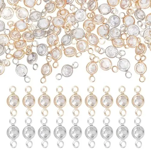 Produktbild: UNICRAFTALE 100 Stück 2 Farben Messing Pave Clear Cubic Zirkonia Connector Geburtsstein Charms Flache Runde Strasssteine Gemischte Farbglieder Kristall Anhänger Loch 1.4mm Für Schmuckherstellung