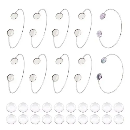 Produktbild: UNICRAFTALE 10 STK Cabochon Manschetten Armreif 73.5 mm 304 Edelstahl Rohlinge Armreif Armbänder Mit 20 STK Transparenten Glas Cabochons 12mm Flaches Rundes Tablett Manschetten Armreif Schmuckzubehör