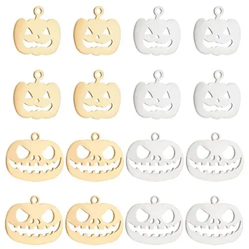 Produktbild: UNICRAFTALE 16 Stück 2 Stil 2 Farben Kürbis Charms Anhänger 201 Edelstahl Halloween Charms Kürbislaterne Anhänger 1.5 2 mm Loch Schmuck Anhänger Klammern Charms Für Schmuck DIY