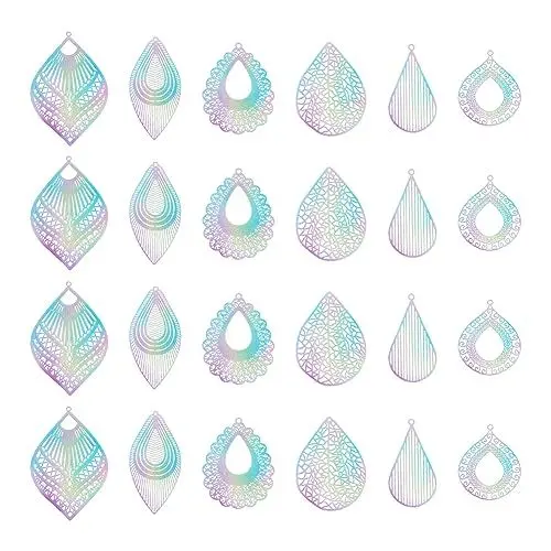 Produktbild: UNICRAFTALE 24 Stück 6 Stile Sprühlackiert Filigrane Anhänger Regenbogen Flach Boho Metall Charms Blume Charms Hohle Tropfen Blatt Charms Für Boho Ohrring Halskette Schmuckherstellung