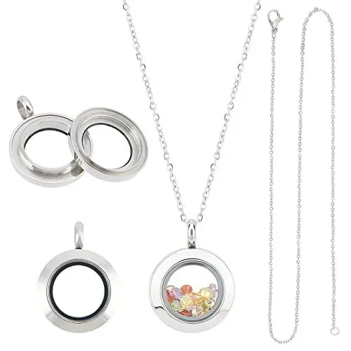 Produktbild: UNICRAFTALE 2 Stück Edelstahl Floating Medaillon Anhänger Kristall Doppelseitiger Rahmen Memory Medaillon Charm Glasbehälter Memory Flacher Runder Charm Mit 45cm Halskette Für Schmuckherstellung