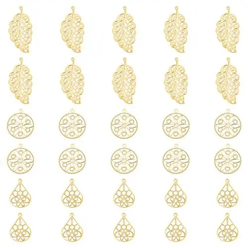 Produktbild: UNICRAFTALE 30 Stück 3 Stile Blatt Charm Anhänger Goldene Tropfen Anhänger 304 Edelstahl Filigran Anhänger Flache Runde Metall Charms 1-2 mm Loch Schmuck Anhänger Brackets Charms Für Schmuck DIY