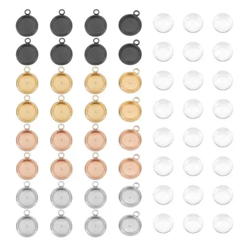 Produktbild: UNICRAFTALE 32 Sets 4 Farben Edelstahl Anhänger Cabochon Sets Tablett 8 mm Flache Runde Leere Lünette Anhänger Mit Glas Cabochons Basis Anhänger Cabochon Kits Für DIY Halsketten Schmuckherstellung