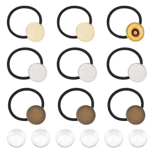 Produktbild: UNICRAFTALE 36 Stk Rohlinge Haargummis DIY Haargummis Tablett Haarbänder Frauen Haargummis Mit Glas Cabochons Messing Lünette Rohlinge Tablett Haargummis Für DIY Handwerk