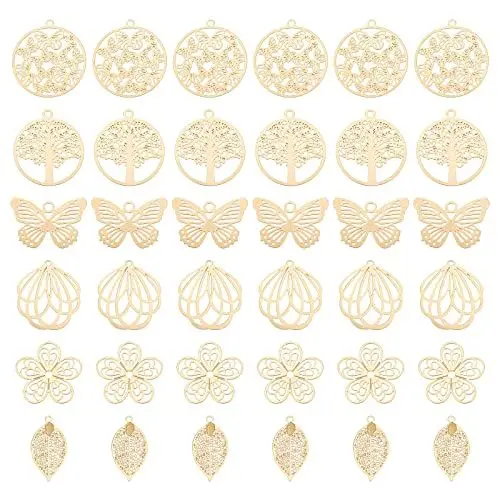Produktbild: UNICRAFTALE 36 Stück 6 Stil Gold Botanische Anhänger Edelstahl Filigrane Anhänger Geätzte Metallverzierungen Blume Schmetterling Blatt Flache Runde Hohle Anhänger Charms Für Die Schmuckherstellung