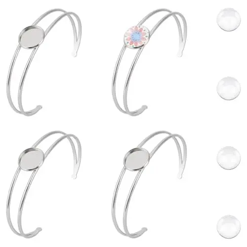 Produktbild: UNICRAFTALE 4 Set Cabochon Armreiffassungen Blank Manschetten Edelstahl Offener Armreif Mit Glas Cabochon Verstellbarer Armreif Mit 14mm Rohlingen Tablett Lünette Für Die DIY Armbandherstellung