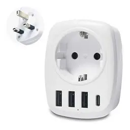 Produktbild: Unidapt Reiseadapter UK Adapter England Deutschland Stecker mit 3USB, 1 Typ C,AC Steckdosenadapter Reisestecker Stromadapter Schuko auf Typ G Großbritannien Irland Wand Ladegerät Ladestation Steckdose