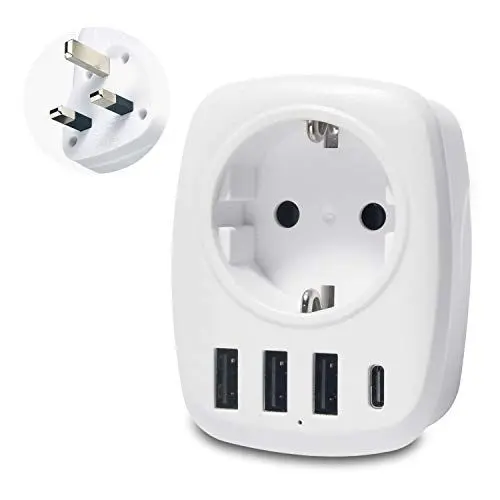 Produktbild: Unidapt Reiseadapter UK Adapter England Deutschland Stecker mit 3USB, 1 Typ C,AC Steckdosenadapter Reisestecker Stromadapter Schuko auf Typ G Großbritannien Irland Wand Ladegerät Ladestation Steckdose