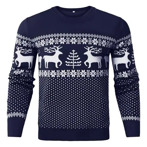 Produktbild: Uniexcosm Herren Weihnachtspullover Ugly Strickpulli Pullover Langarm Strickpullover mit Weihnachtsbaum Rentier Winterpullover Rundhals Christmas Sweater Marineblau XXL