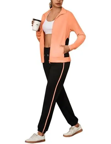 Produktbild: Uniexcosm Jogginganzug Damen Set Langarm Trainingsanzug Zweiteiler Streatwear Farbkontrast Freizeitanzug Reißverschluss Tracksuit & Sporthose Sportanzug Rosa-1 L