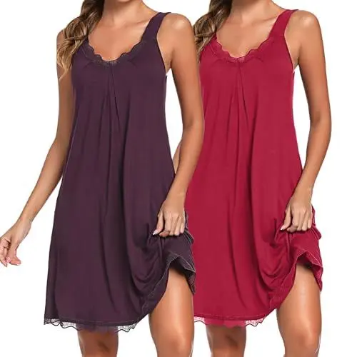 Produktbild: Uniexcosm Nachthemd Damen Ärmelloses Kurz Baumwolle Nachtkleid Spitze V-Ausschnitt Nachtwäsche Sexy rutschfeste Schultergurte Freizeitkleid Sleepwear Dunkelfuchsia+Weinrot L