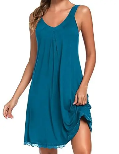 Produktbild: Uniexcosm Nachthemd Damen Ärmelloses Sexy Negligee Kurz V-Ausschnitt Schlafshirt Spitze Baumwolle Nachtwäsche rutschfeste Schultergurte Nachtkleid Sleepwear Kobaltblau-1 XL