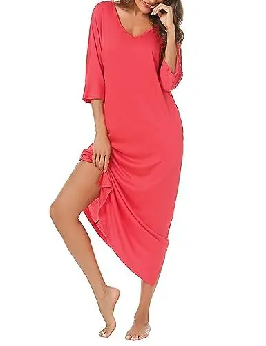 Produktbild: Uniexcosm Nachthemd Damen Lange Baumwolle 3/4 Ärmel Nachtkleid Nachtwäsche V-Ausschnitt Freizeitkleid Loose Fit Sleepshirt Sleepwear mit Taschen E: Rosarot XXL