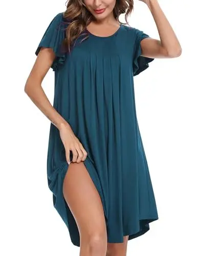 Produktbild: Uniexcosm Nachthemd Damen Rundhals Rüschen Sleepshirt Kurzarm Nachtwäsche Loose Fit Nachtkleid Baumwolle Plissee Sleepwear Kobaltblau XXL