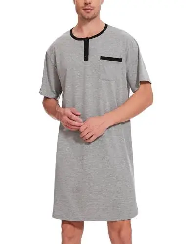 Produktbild: Uniexcosm Nachthemd Herren Kurzarm Schlafshirt Rundhals Einteiliger Schlafanzugoberteile Pyjama Tops Bequem Nachtwäsche Sleepshirt mit Knopfleiste und Brusttasche Grau XXL