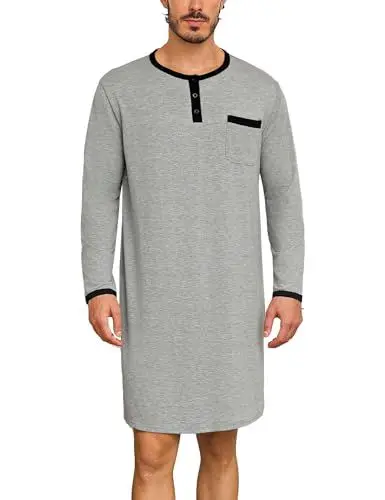 Produktbild: Uniexcosm Nachthemd Herren Langarm Einteiler Schlafshirt Rundhals Einteiliger Schlafanzugoberteile Pyjama Tops Bequem Nachtwäsche Sleepshirt mit Knopfleiste und Brusttasche Grau XXL
