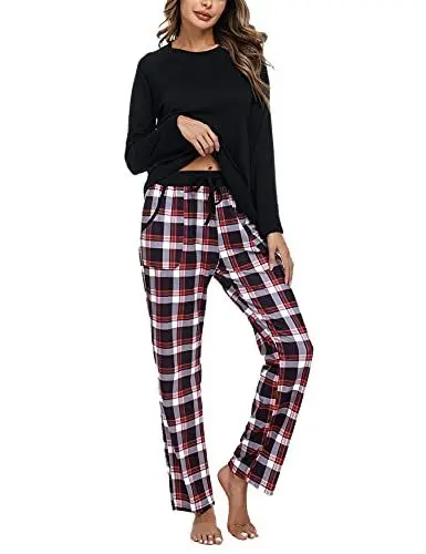 Produktbild: Uniexcosm Schlafanzug Damen Baumwolle Pyjama Set Lang Zweiteiliger Nachtwäsche Raglanärmel Sleepwear und Karierte Pyjamahose Hausanzug Freizeitanzug Stil 1:Schwarz L